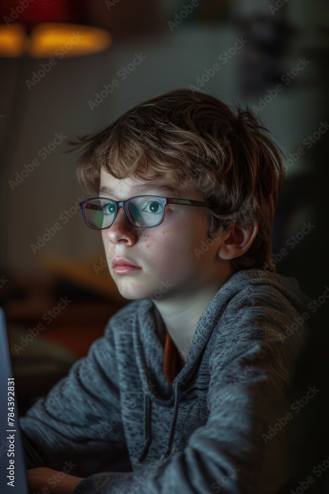 Poster young boy wearing glasses using a laptop computer. suitable for educational and technology concepts