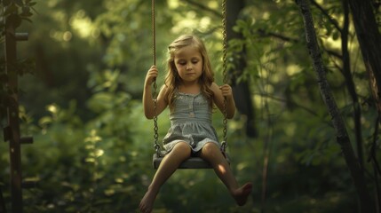 A little girl sitting on a swing in the woods. Ideal for nature-themed designs