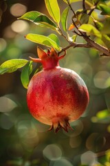 Fresh red pomegranate hanging from a tree branch, perfect for food and nature concepts