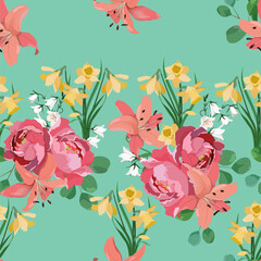 Seamless background with narcissus, lily, campanula and peony