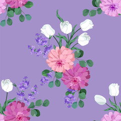 Seamless vector illustration with chrysanthemums, tulips and lavender