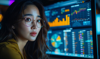 Stylish Asian Businesswoman Analyzing Financial Metrics on Computer Screen