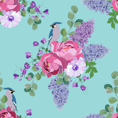 Seamless vector illustration with peonies, lilac and birds