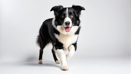   A black-and-white dog runs with its tongue hanging out against a white background