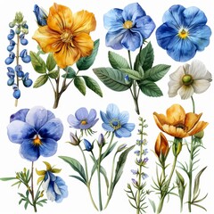A botanical set of watercolor illustrations showing flowers and plants on a white background ...