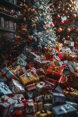 Festive pile of gifts under a decorated tree. Perfect for holiday concepts