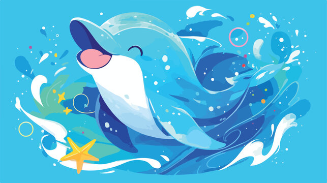 Cosmic Dolphin Clipart 2d flat cartoon vactor illustration
