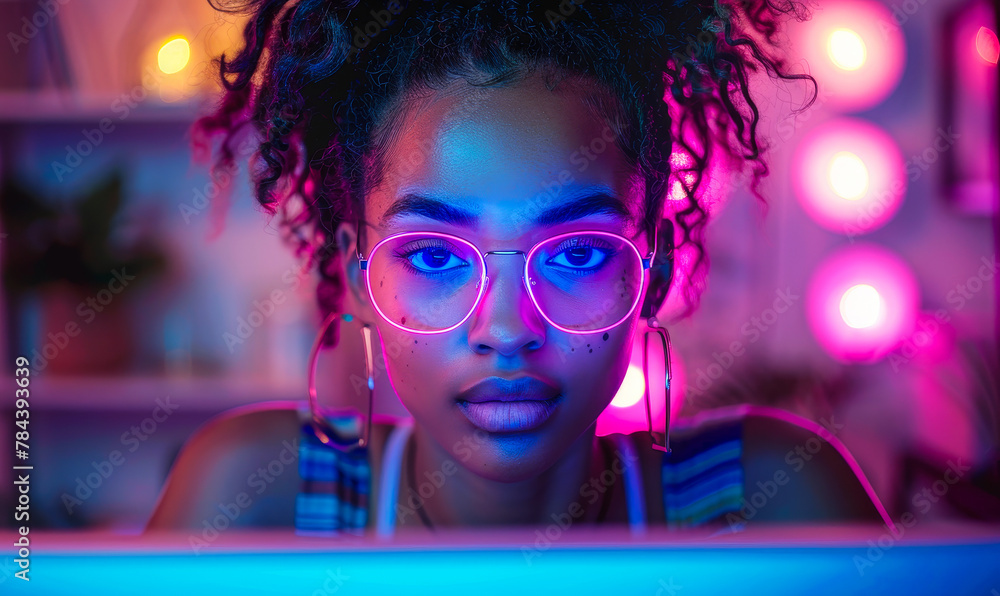 Poster dedicated black coder: young female developer deep in concentration, coding with computer on vibrant