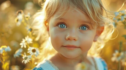 A young girl with blue eyes standing in a field of colorful flowers. Suitable for nature and beauty concepts