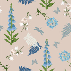 Wildflowers on a beige background. Summer seamless vector illustration.