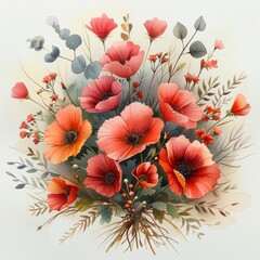 Illustration of a bouquet with pink and red flowers in watercolor.