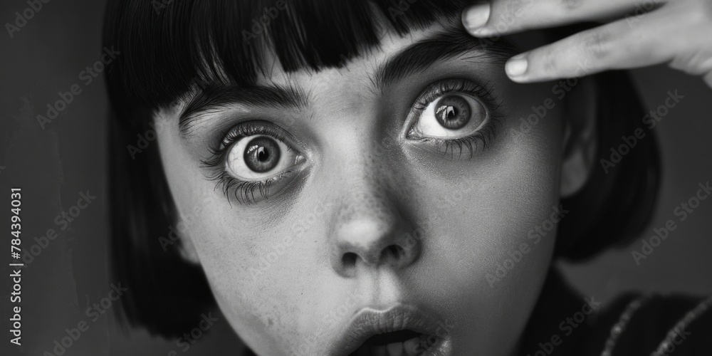 Poster A woman with a surprised expression in black and white. Suitable for various design projects