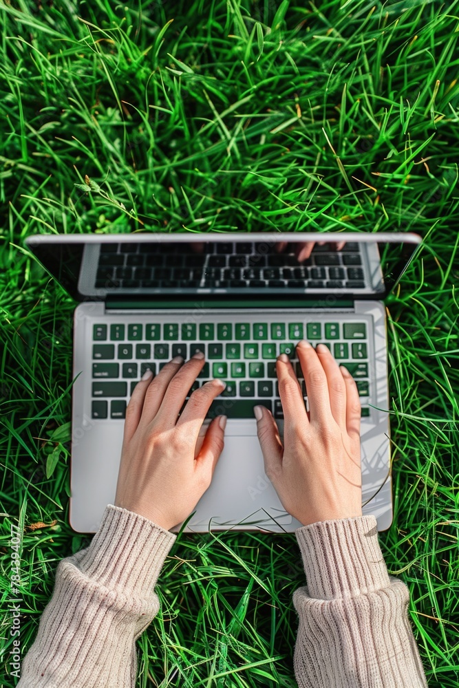 Aufkleber a person using a laptop while sitting on grass. suitable for technology and outdoor work concepts