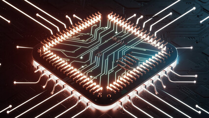Fototapeta premium Abstract PCB with microchip and glowing tracks.