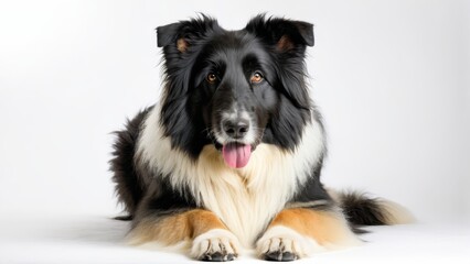   A large black-and-white dog lies on a white floor, its tongue hanging out