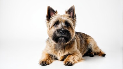   A small brown-and-black dog lies on a white floor beside a larger dog with brown and black fur, both in a white background
