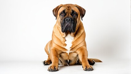   A large brown dog sits on a white floor Nearby, a black and brown dog rests Both dogs are against a white background - obrazy, fototapety, plakaty