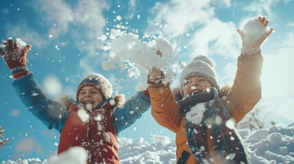 Children having fun playing in the snow, perfect for winter activities concept - obrazy, fototapety, plakaty
