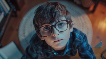 A young boy wearing glasses looking up at the camera. Suitable for educational or back to school concepts