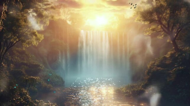  Waterfall and sun rays through the forest, video HD 