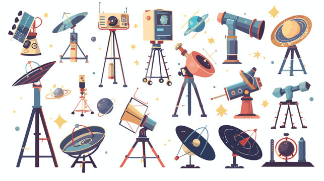 Vector cartoon astronomy set. Astronomical telescopes