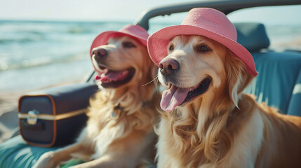 Two cute dogs golden retrievers with straw hats, sitting in car, ready to travel on summer holiday. Generative AI - 784394600