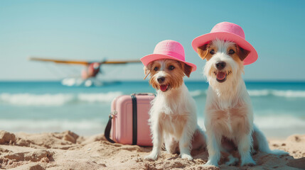 Two cute small dogs with straw hats sitting on sandy beach on sea, beside suitcase. Just arrived with airplane on summer vacation. Generative AI - 784394607