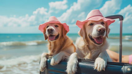 Two cute dogs, golden retrievers, with straw hats, standing on suitcase on sandy beach, just arrived on  summer holiday. Generative AI - 784394608