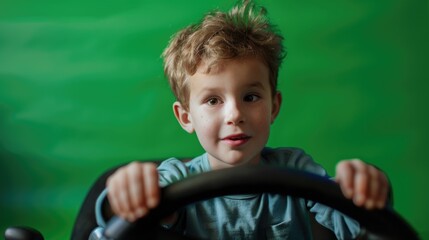 A young boy playing with a toy car on a green background. Perfect for children's toy or leisure concepts
