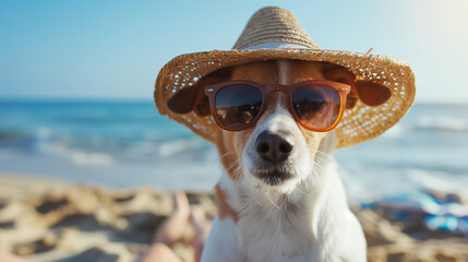 Portrait of cute dog, jack russell terrier, with sunglasses and straw hat, sitting on beach with sea in background, enjoying summer holiday. Generative AI - 784394616