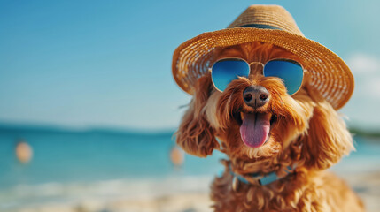 Portrait of cute dog, apricot poodle, with sunglasses and straw hat, sitting on beach with sea in background, enjoying summer holiday. Generative AI - 784394641