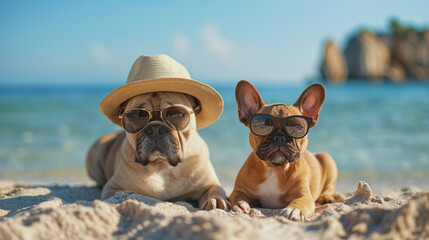 Portrait of two cute dogs with sunglasses and straw hat, lying on sandy beach with sea in background, enjoying summer holiday. Generative AI - 784394654