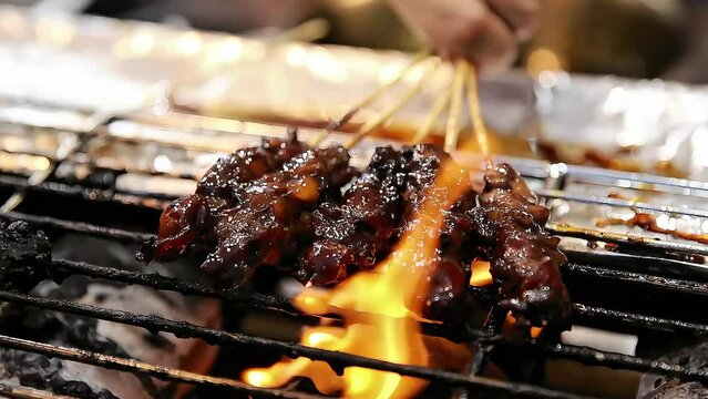 Pork satay grilled over a burning fire while turning it over, street food