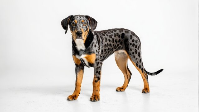   A black-and-brown dog stands before a white backdrop, sporting a solitary black mark on its face