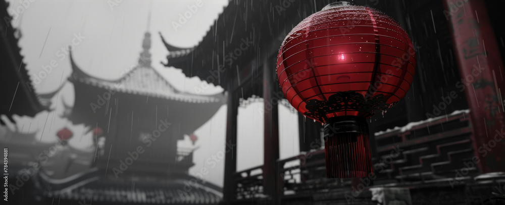 Poster A red lantern hanging from the side of a building. Suitable for urban and architectural themes