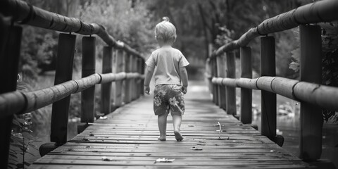 A young boy walking across a rustic wooden bridge. Suitable for nature and outdoor themes - obrazy, fototapety, plakaty