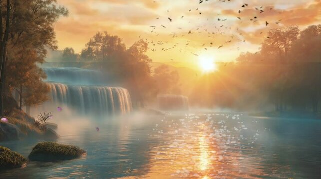 waterfall in the park with sunset, video HD 
