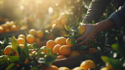 Farmer at Work in the Orange Harvest - obrazy, fototapety, plakaty