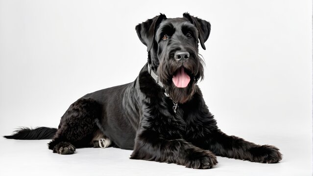   A large black dog reclines on a white floor; beside it, another black dog tongues out, its tongue visible in contrast