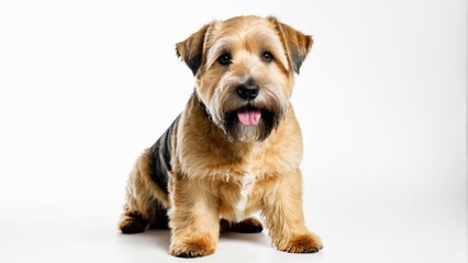   A tight shot of a dog against a white backdrop A black and brown canine positioned to the right