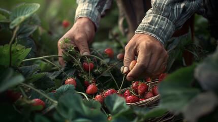 Careful hands gather ripe strawberries into a traditional wicker basket, surrounded by the lush greenery of the field