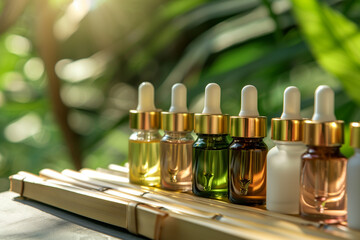 Close-up of essential oil bottles on bamboo, ideal for spa and wellness branding.