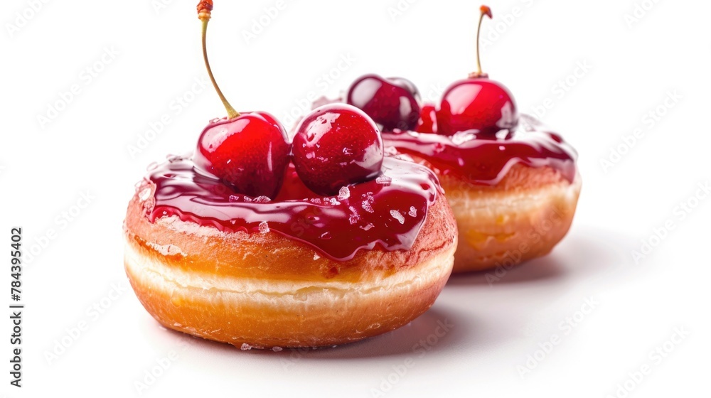 Wall mural a tempting image of two doughnuts topped with fresh cherries, perfect for food blogs or bakery adver