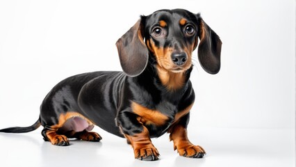   A dachshund, colored black and brown, faces the camera with an upward gaze against a white backdrop