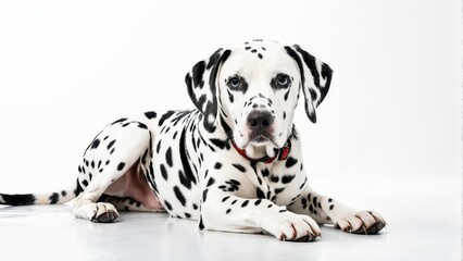   A Dalmatian dog, black and white spotted, lies on the ground One paw is lifted and touches the earth Eyes gaze directly at the camera
