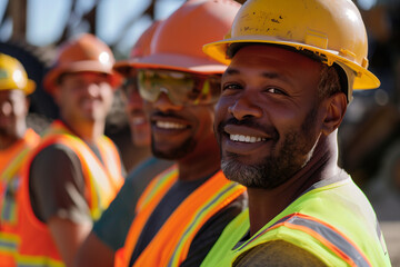 Smiling construction workers with safety gear outdoors, suitable for employment and teamwork themes.