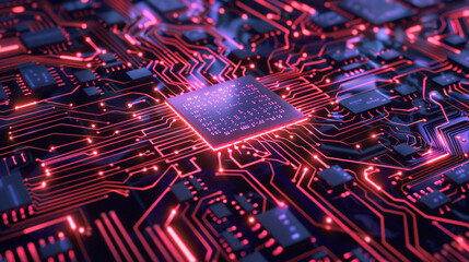 Abstract PCB with microchip and glowing tracks.