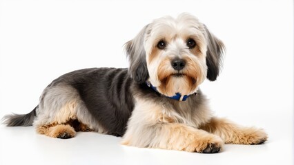   A tight shot of a dog reclining on a pristine white background, donning a blue collar