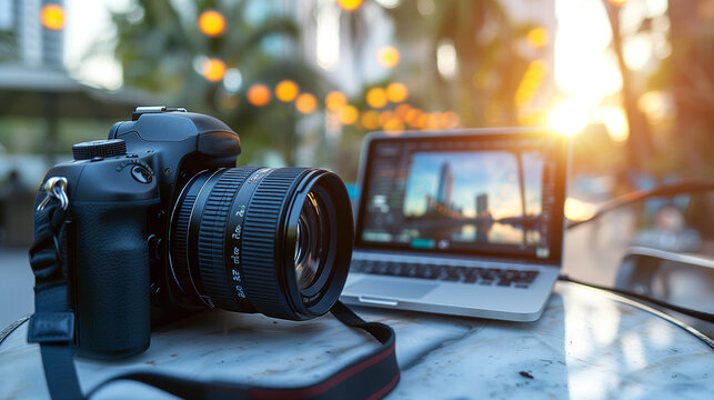 a modern digital photography camera with a laptop on the table, professional photography or videography business 