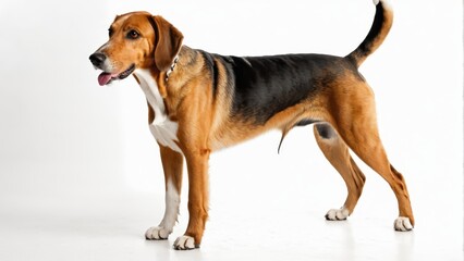   A brown-and-black dog stands atop a white floor, next to a black-and-brown dog with its tongue hanging out